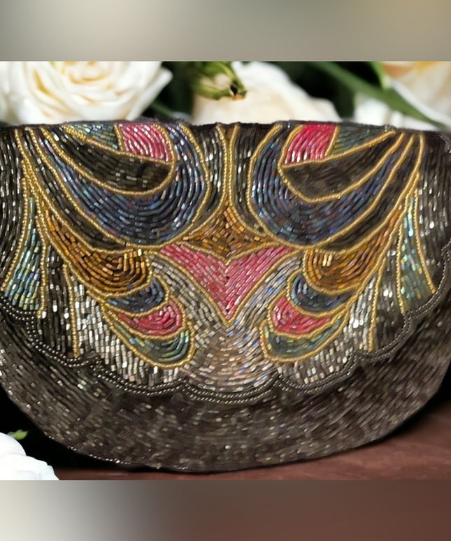 Vintage  1980s vintage black multi color mico bead evening bag clutch