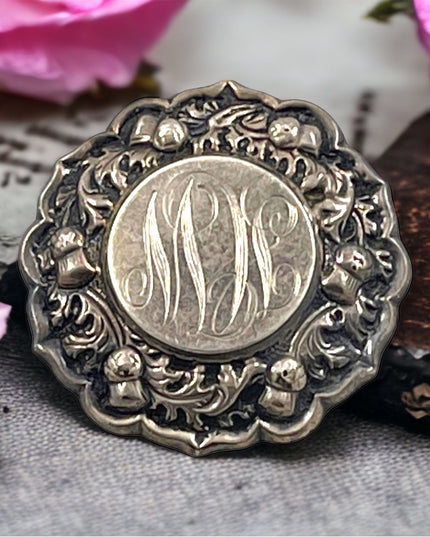 Antique Etched engraved sterling silver? ornate flower brooch