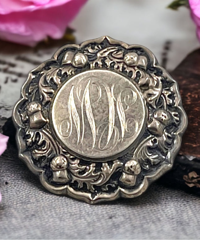 Antique Etched engraved sterling silver? ornate flower brooch