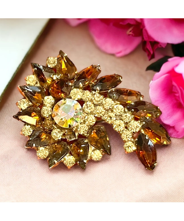 Vintage Large carmel brown crystal clear brooch AB 1960s
