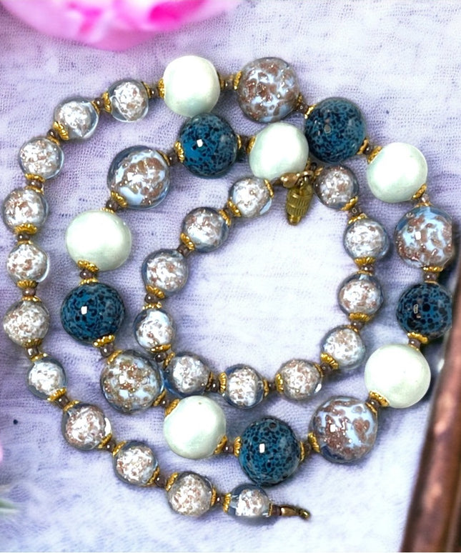 Vintage Italian Venetian Murano glass bead necklace Italy copper spun blue hues