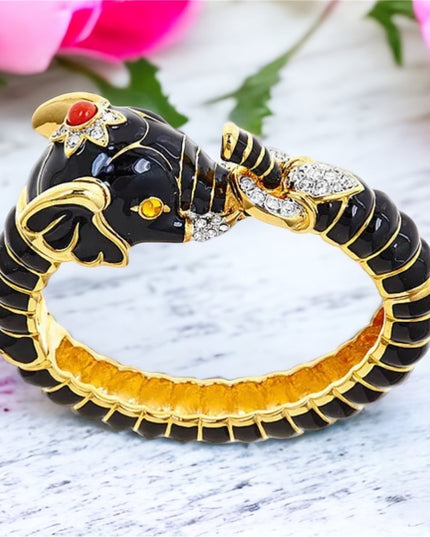 Kenneth Jay Lane KJL gold black crystal enamel elephant animal bracelet bangle