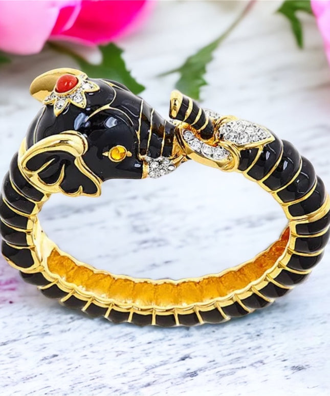 Kenneth Jay Lane KJL gold black crystal enamel elephant animal bracelet bangle