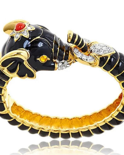 Kenneth Jay Lane KJL gold black crystal enamel elephant animal bracelet bangle