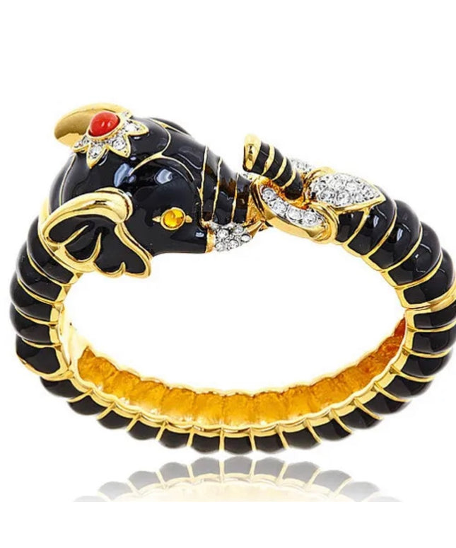 Kenneth Jay Lane KJL gold black crystal enamel elephant animal bracelet bangle