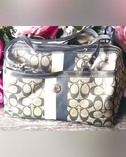 F14478 Large Heritage Stripe Signature Black Pvc & Leather Purse shoulder bag