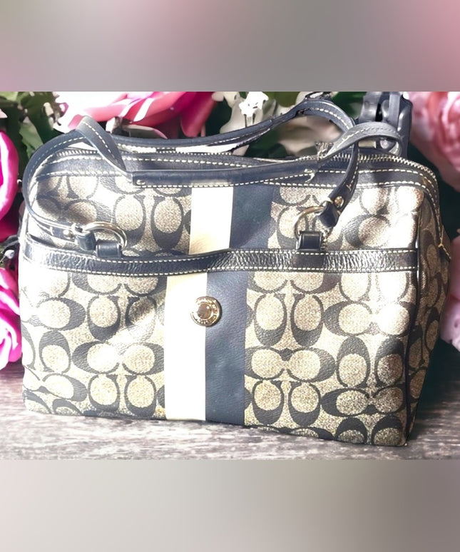 F14478 Large Heritage Stripe Signature Black Pvc & Leather Purse shoulder bag