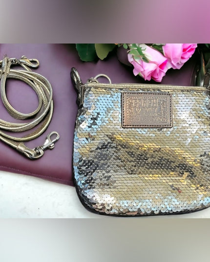 Coach silver Sequin Crossbody Poppy leather strap bag