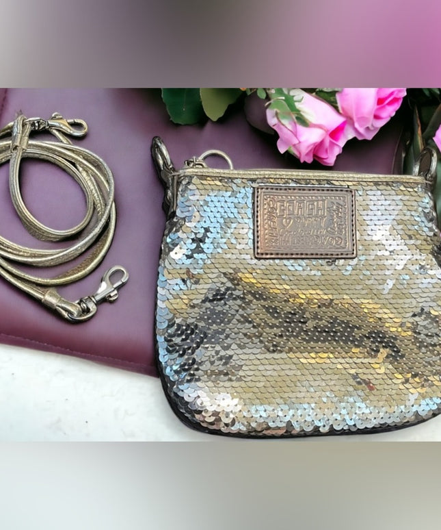 Coach silver Sequin Crossbody Poppy leather strap bag