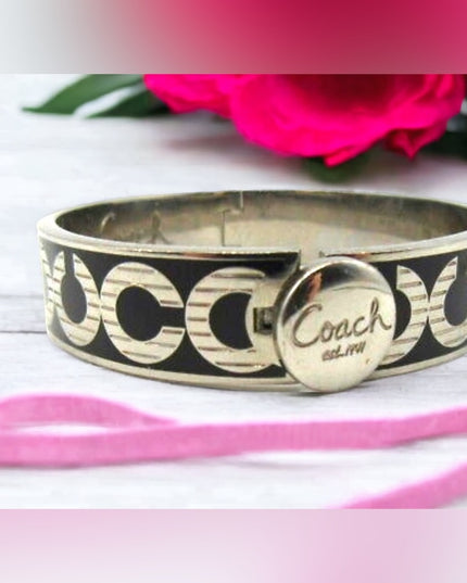 Authentic COACH black enamel silver finish Hinged bangle bracelet