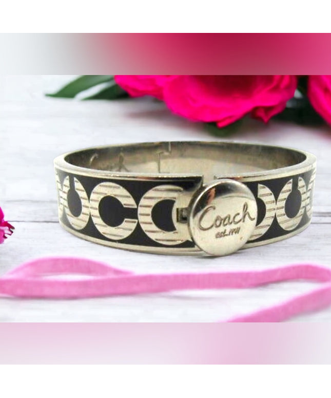 Authentic COACH black enamel silver finish Hinged bangle bracelet