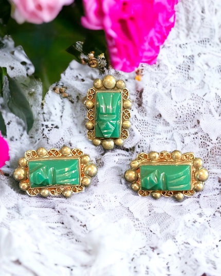 Vintage Taxco Mexico Alpaca Green Onyx Aztec carved stone earrings & Ring SET