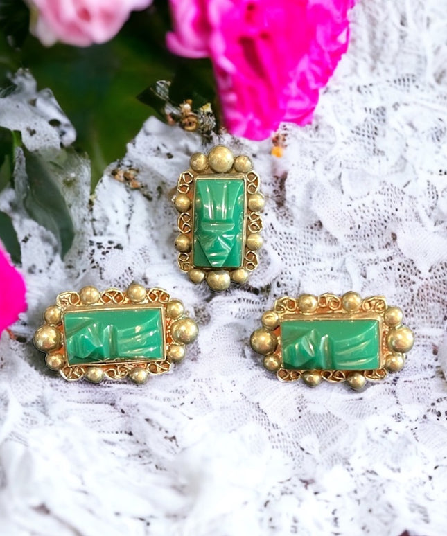Vintage Taxco Mexico Alpaca Green Onyx Aztec carved stone earrings & Ring SET