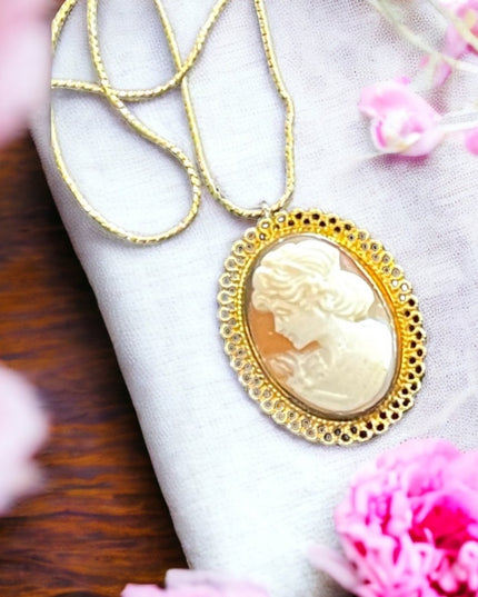 Vintage Gold filled GF sterling silver 925 Shell cameo brooch pendant necklace