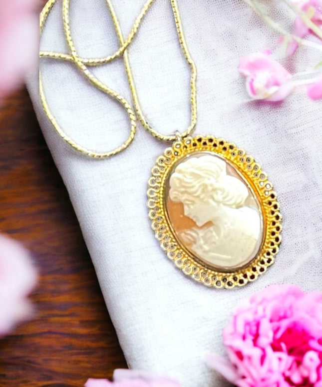 Vintage Gold filled GF sterling silver 925 Shell cameo brooch pendant necklace