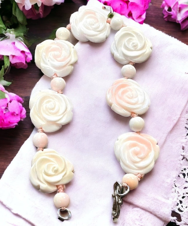 Vintage Pink coral hand carved roses bracelet