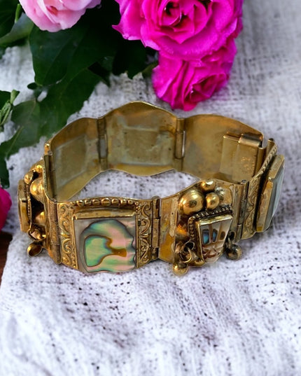 Vintage Abalone Alpaca Silver Mexico Chunky Bangle