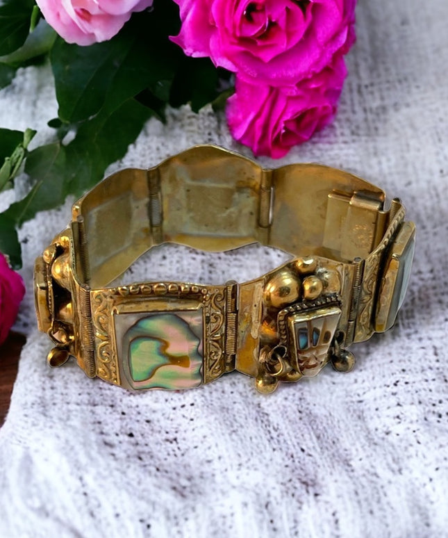 Vintage Abalone Alpaca Silver Mexico Chunky Bangle