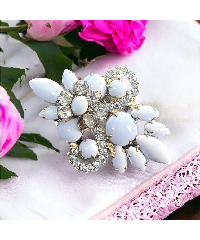 Vintage 1960s Glass & Crystal Blue sparkle fancy brooch