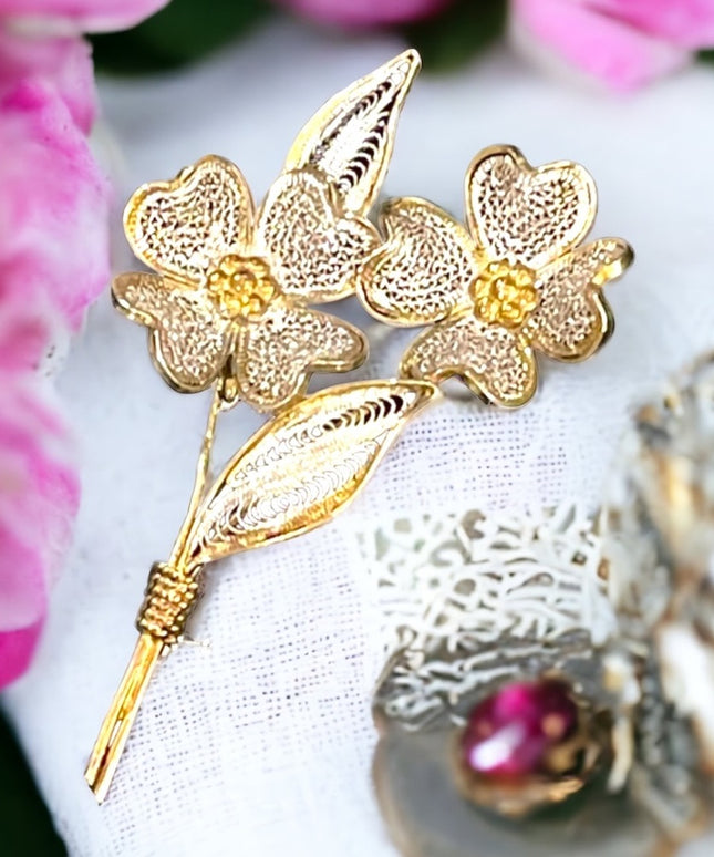 Antique 800 Italy silver gold wash fancy fillagree flower brooch
