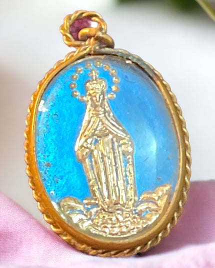 Vintage brass glass religious pendant