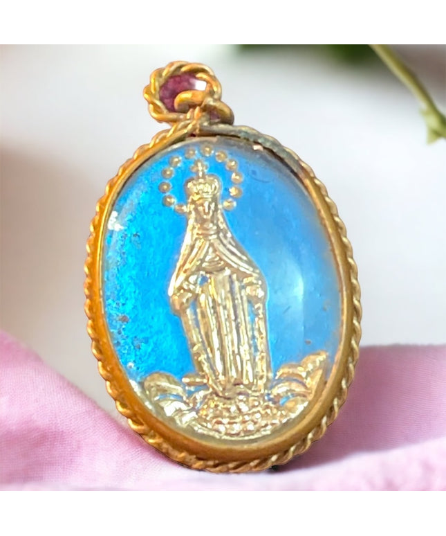 Vintage brass glass religious pendant