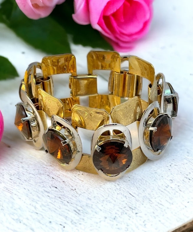 Vintage c1960s gold chunky honey amber crystal bracelet topaz color