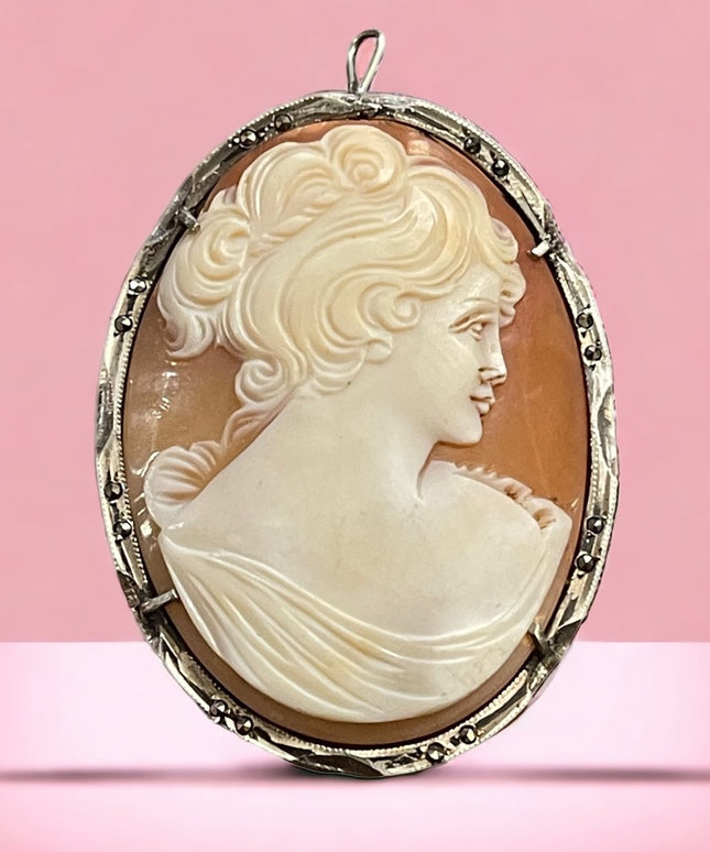 Vintage Hand carved LG signed C Luis Italy Shell Marcasite 800 Silver Cameo