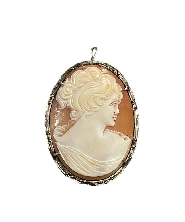 Vintage Hand carved LG signed C Luis Italy Shell Marcasite 800 Silver Cameo