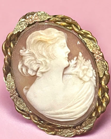 Vintage Mid Century Carved shell Cameo brooch gold wash