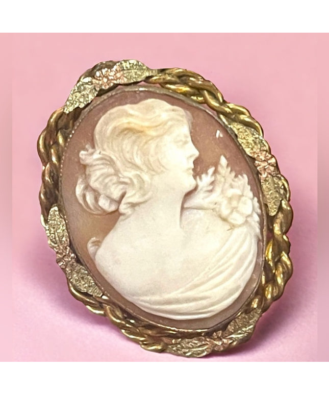 Vintage Mid Century Carved shell Cameo brooch gold wash