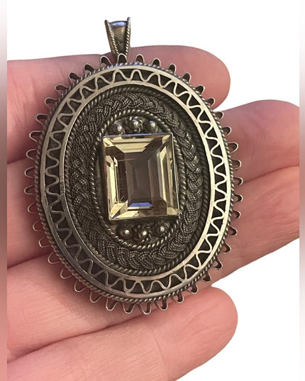 Antique sterling silver 925 Israel citrine fancy filagree large brooch pendant