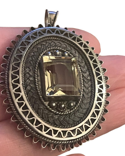 Antique sterling silver 925 Israel citrine fancy filagree large brooch pendant