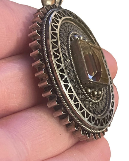 Antique sterling silver 925 Israel citrine fancy filagree large brooch pendant