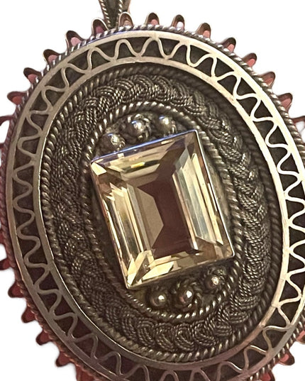 Antique sterling silver 925 Israel citrine fancy filagree large brooch pendant