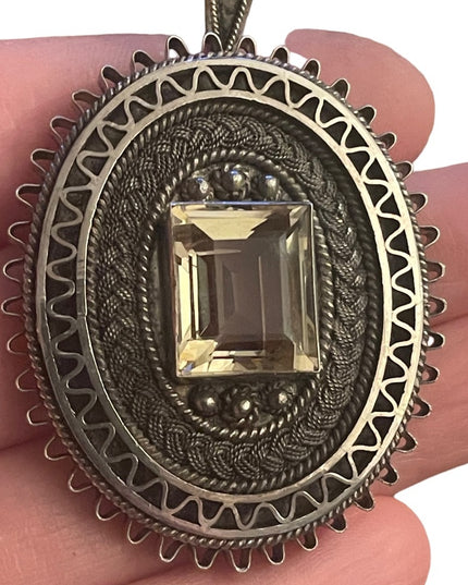 Antique sterling silver 925 Israel citrine fancy filagree large brooch pendant
