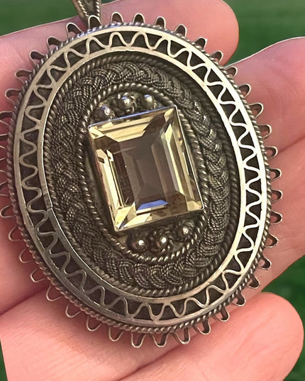 Antique sterling silver 925 Israel citrine fancy filagree large brooch pendant