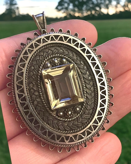 Antique sterling silver 925 Israel citrine fancy filagree large brooch pendant