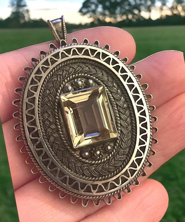 Antique sterling silver 925 Israel citrine fancy filagree large brooch pendant