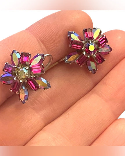 Vintage 1950s Pink Fuscia Ab Crystal SHERMAN flower screw back earrings