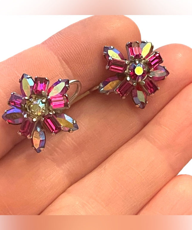 Vintage 1950s Pink Fuscia Ab Crystal SHERMAN flower screw back earrings