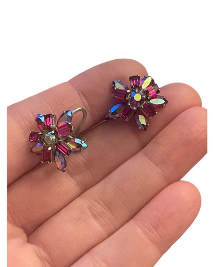 Vintage 1950s Pink Fuscia Ab Crystal SHERMAN flower screw back earrings