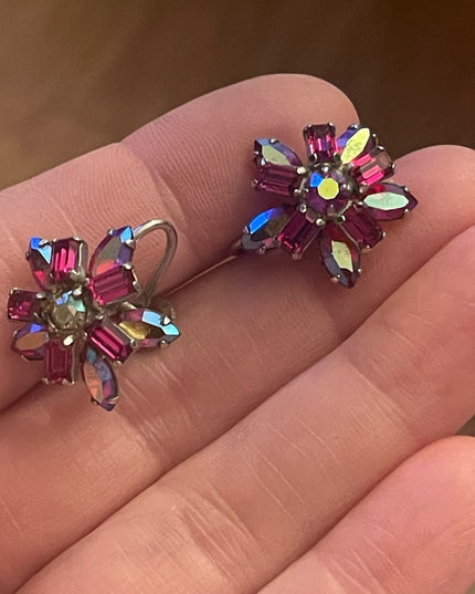 Vintage 1950s Pink Fuscia Ab Crystal SHERMAN flower screw back earrings