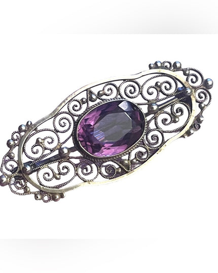 Antique Sterling silver ornate filagree amethyet fancy bar brooch