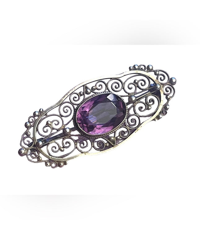 Antique Sterling silver ornate filagree amethyet fancy bar brooch