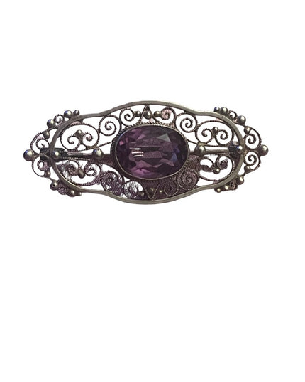 Antique Sterling silver ornate filagree amethyet fancy bar brooch
