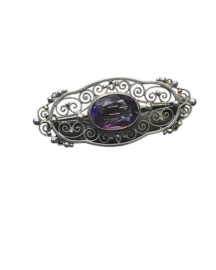 Antique Sterling silver ornate filagree amethyet fancy bar brooch