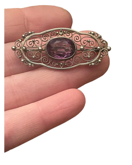 Antique Sterling silver ornate filagree amethyet fancy bar brooch