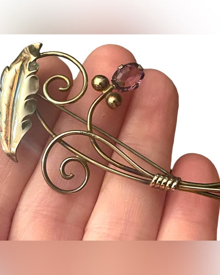 Vintage Van Dell 12k gold filled amethyst leaf flower brooch 1950s