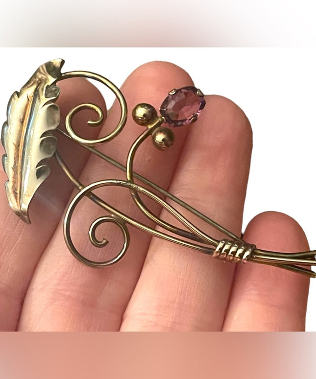 Vintage Van Dell 12k gold filled amethyst leaf flower brooch 1950s